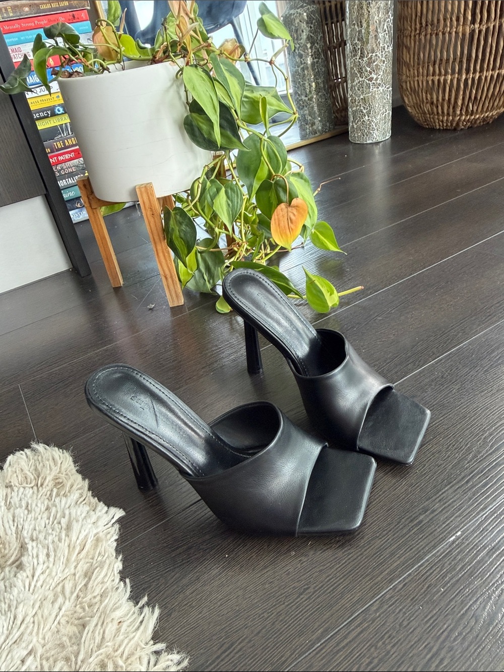 Black Leather Square-Toe High Heel Mules